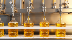 Automated bottling line fills clear plastic bottles with golden oil on a production line.