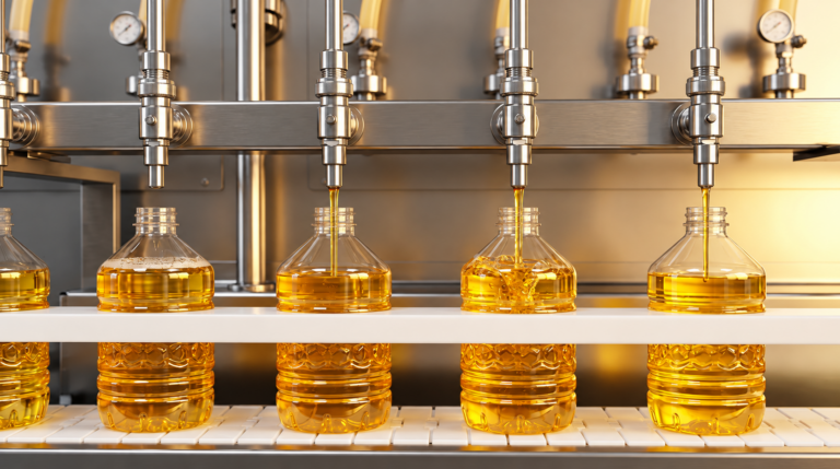 Automated bottling line fills clear plastic bottles with golden oil on a production line.