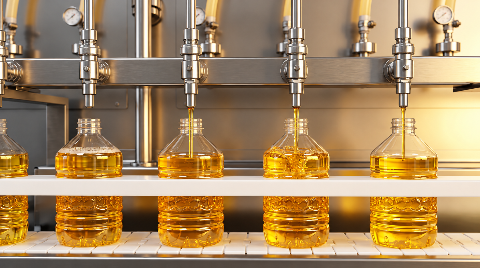 Automated bottling line fills clear plastic bottles with golden oil on a production line.