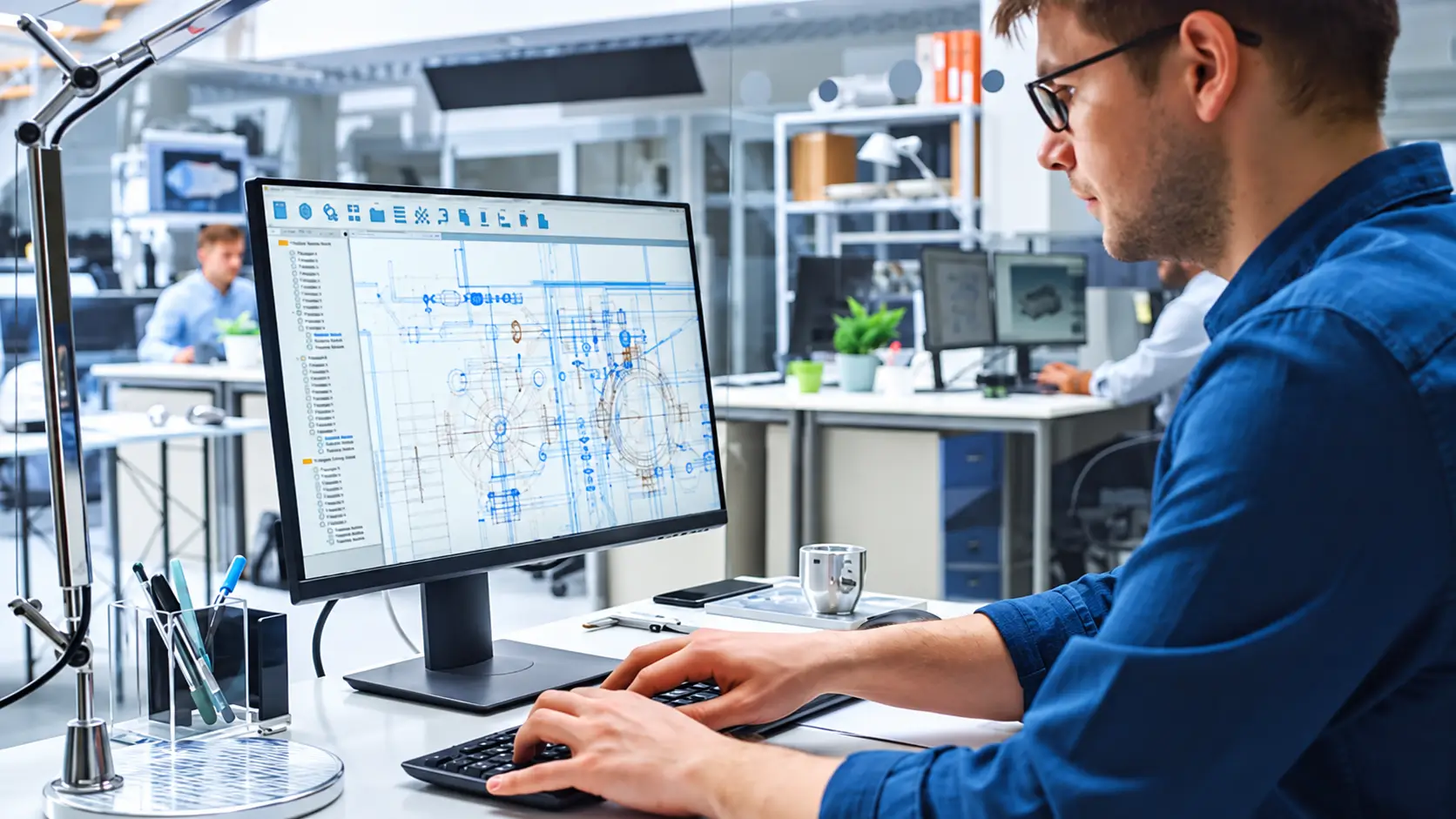 Engineer typing on a keyboard while a CAD blueprint fills a large monitor in a bright engineering lab